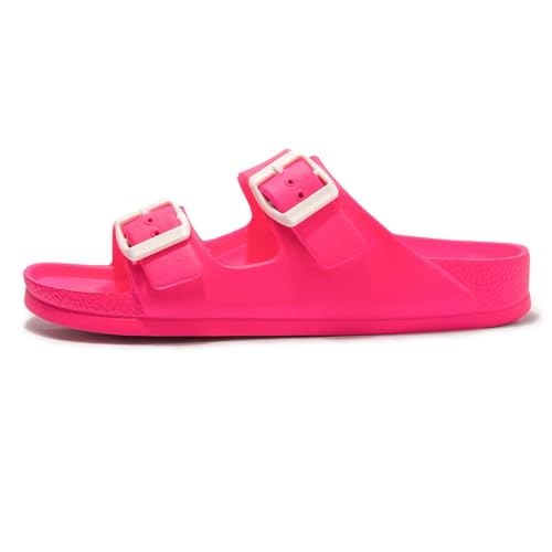 FUNKYMONKEY Women's Comfort Slides Double Buckle Adjustable EVA Flat Sandals (6 M US, Fluo Fuxia)