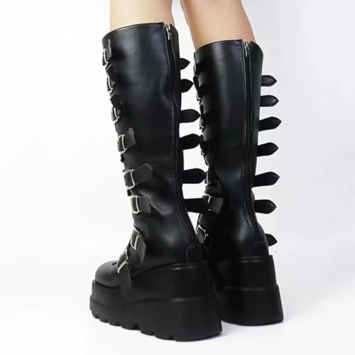 Women Goth Platform Knee High Boots Wedge Punk Combat Mid Calf Boots — view 6