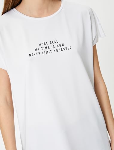 Koton Kadın Bisiklet Yaka Kısa Kollu Slogan Baskılı Tişört, Beyaz (000), M - Görsel 5