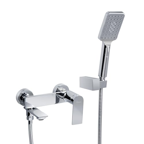 PHASAT Grifo de Bañera Montaje en Pared Grifo de Ducha Monomando con Ducha de Mano de 3 Funciones Grifo de Latón BC03