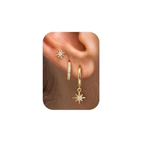 FIASASO 3 Pairs 14K Gold Earrings Hypoallergenic 925 Sterling Silver Stud Earring Huggie Earrings Set Dainty Gold Earrings Small Hoop Earrings Jewelry Cartilage Earrings gold sun Cover