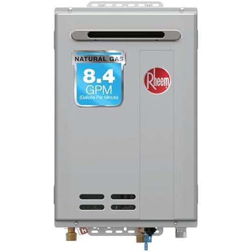 Rheem RTG Series 8.4 GPM Natural Gas Tankless Water Heater Outdoor | 180,000 BTUs High Efficiency On Demand, Continuous Hot Water | Non-Condensing