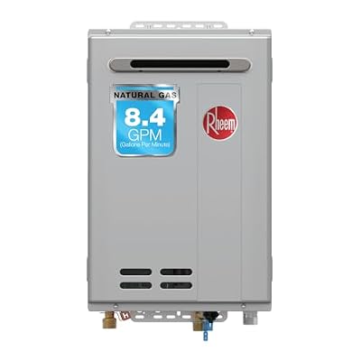 Rheem RTG Series 8.4 GPM Natural Gas Tankless Water Heater Outdoor | 180,000 BTUs High Efficiency On Demand, Continuous Hot Water | Non-Condensing