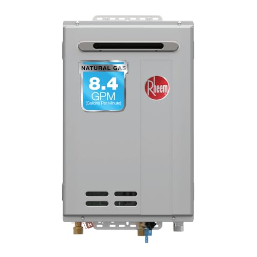 Rheem RTG Series 8.4 GPM Natural Gas Tankless Water Heater Outdoor | 180,000 BTUs High Efficiency On Demand, Continuous Hot Water | Non-Condensing