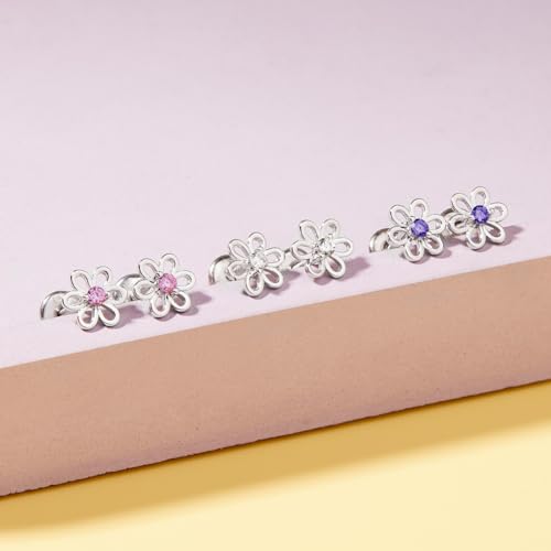 Image of In Season Jewelry CZ Flower Kids Earrings - 925 Sterling Silver Hypoallergenic Earrings for Girls with Secure Screw Backs - Safe & Comfortable for Toddlers, Kids & Little Girls