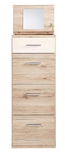 PEGANE Chiffonnier avec Miroir Coloris Imitation chêne San Remo, rechampis Blanc - Longueur 46 x Hauteur 121 x Profondeur 40 cm