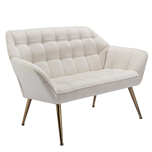 Zh4You 48" Small Loveseat For Small Spaces, Upholstered Velvet Loveseat Sofa, Mid Century Modern 2-Seater Couch With Armrest And Gold Legs For Bedroom, Living Room, Apartment, Cream #TOP4