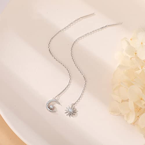 Crystal Crescent Moon Star Tassel Threader Chain Earrings S925 Sterling Silver Asymmetrical Dainty Cz Crystal Dangling Sun Long Chains Earring Jewelry For Women Girls (White Gold) #TOP4