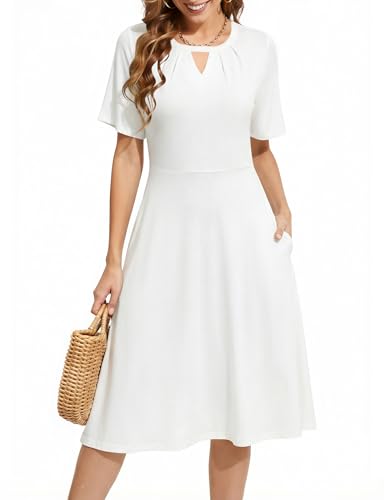 Zeagoo Vestido Mujer Línea A Cuello Redondo Manga Corta Vestido Elegante Midi Blanco Vestido de Fiesta Blanco L