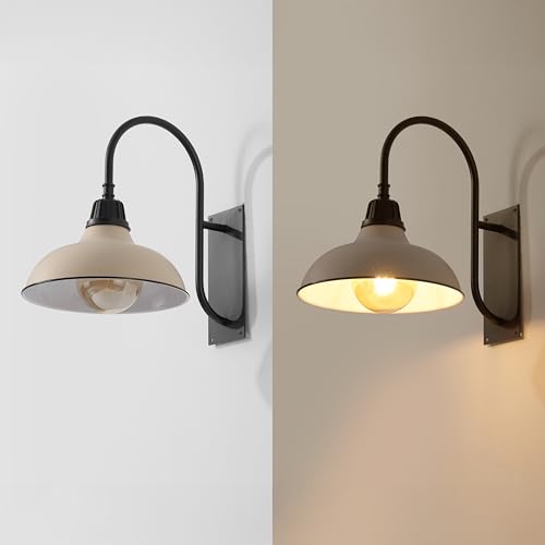 Image of JONATHAN Y 12.25 inch Matte Almond /Black 1-Light Farmhouse Gooseneck Outdoor Wall Sconce Lamp, with Black Metal Bowl Shade, Industrial Iron LED Porch Light for Patio Garage Entryway (JYL7614J)