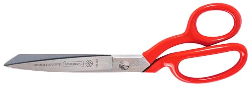 Mundial 8-Inch Industrial Forged Bent Trimmer Dressmaker Scissors, Micro-Serrated Carbon Steel Blades, Nickel-Plated, Ergonomic Red Handles