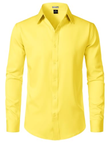 ZEROYAA Mens Wrinkle Free Long Sleeve Dress Shirt Business Casual Stretch Modern Slim Fit Button Down Shirts for Wedding and Office Yellow Large