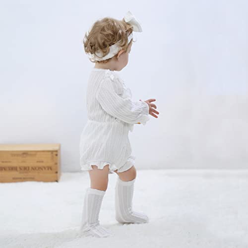 Grnshts Newborn Baby Girl Clothes Ruffle Solid Sweater Romper Long Sleeve Button Bodysuit+Hairband+Socks 3Pcs Fall Winter Outfits(White,6-9 Months) #TOP5