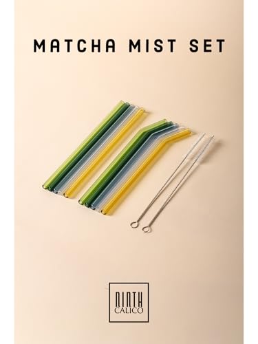 10 Pcs Matcha Reusable Glass Drinking Straws, Colorful and Durable Glass Straws for Beverages, Smoothies, Iced Coffee, Juice, Set of 10-5 Straight, 5 Bent, 2 Cleaning Brushes (Matcha Mist Set)