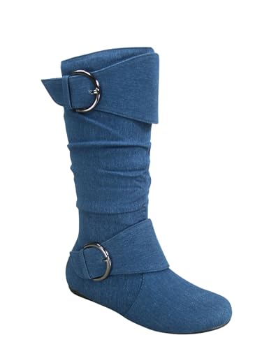 Women's Closed Round Toe Buckle Side Zip Buckle Slouch Flat Heel Mid-Calf Boot