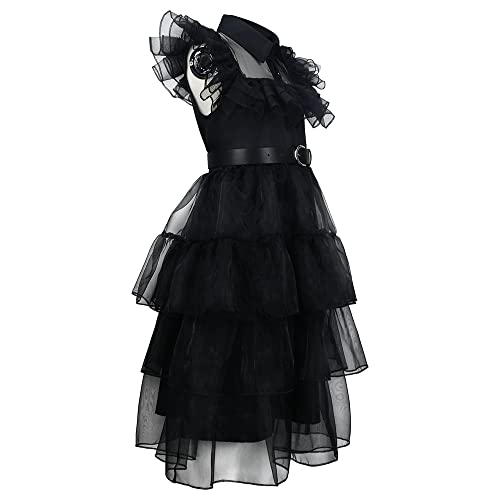 Wednesday Addams Costume Girls Dress, For Kids Addams Family Costumes Halloween Cosplay Outfit Party Dress With Wig,Necklace,Belt And Socks 8-9T (140Cm) #TOP2