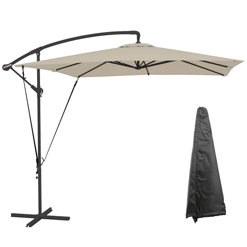Outsunny Parasol déporté 2,5 x 2,5 m, parasol de jardin extérieur, Toile ajustable, 8 baleines, base en croix et manivelle, Housse de Protection, kaki