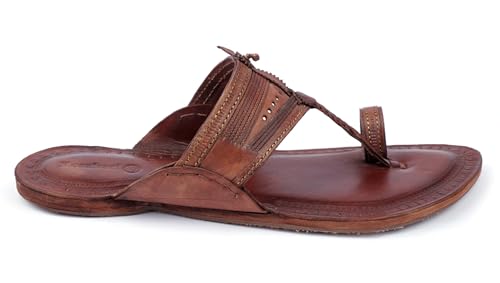 Image of KORAKARI Mens Handmade Kolhapuri Chappal Smooth and Comfortable, Stylish Durable Anti Slip Design Flip Flops Slippers Genuine Leather Traditional Indian Footwear.