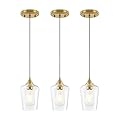 Ralbay Farmhouse Brushed Gold Pendant Light 3-Pack, Pendant Light Fixtures with Wine Clear Glass Shade, Kitchen Island Lighting for Dining Room, Rustic Adjustable Hanging Lighting Fixture