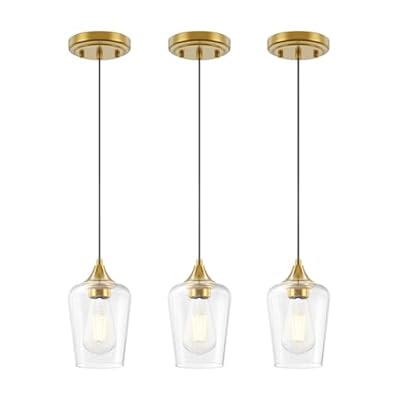 Ralbay Farmhouse Brushed Gold Pendant Light 3-Pack, Pendant Light Fixtures with Wine Clear Glass Shade, Kitchen Island Lighting for Dining Room, Rustic Adjustable Hanging Lighting Fixture