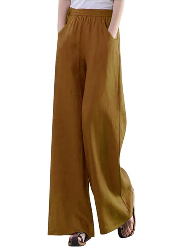 Image of KOTTY Women's Crumble Fabric High Waist Solid Color Drawstring Wide Leg Trousers Loose with Pockets