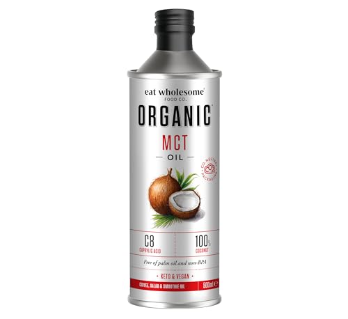 Eat Wholesome High C8 Organic MCT Coconut Oil, 100% coco, aceite MCT en botella de vidrio, 500 ml (el embalaje puede variar)