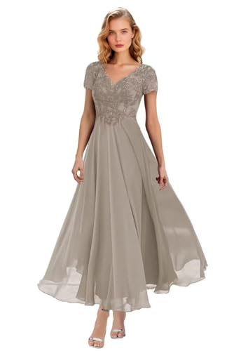 Robes de mère de la mariée pour mariage, longueur thé, appliques en dentelle, mousseline de soie, manches courtes, col en V, robes de soirée formelles pour...
