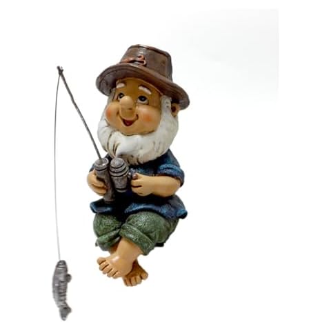 MasGo Miniture Fishing Gnome Mini Sitter Statue, Fishing Gnome Garden Statue, Resin Garden Gnome Statue Cover