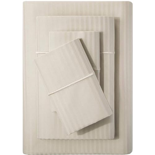 Image of Feather & Stitch 500 TC Full Size Damask Bed Sheet Set, 100% Cotton Soft Breathable Bedsheets, 4 Piece 18 inch Deep Pockets Sateen Weave Striped Bedding Mattress Resort Hotel Luxury- (Beige Stripe)
