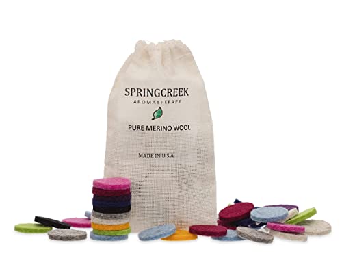 SpringCreek Aromatherapy Felt Refill Pads - Pure Merino Wool, Natural Dyes, Compostable - For 30mm Locket, Pendant, Necklace, Bracelet, Car Vent Clip Essential Oil Diffuser - Made in America 10 Colors