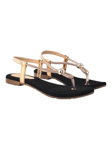 Image of Shoetopia Women's Embellished T-Strap Flats - Crystal Detail Toe Loop Sandals with Cushioned Black Footbed, Slip-On Ethnic Casual Comfort Flats