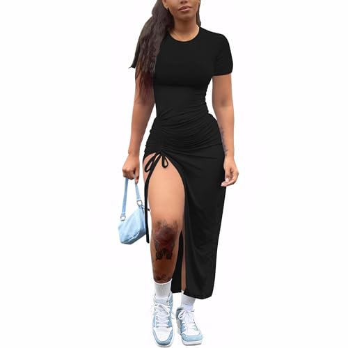Image of Nimsruc Women Sexy Summer Dresses Short Sleeve Thigh-high Slit Ruched Bodycon Maxi Club Cocktail Party Dress