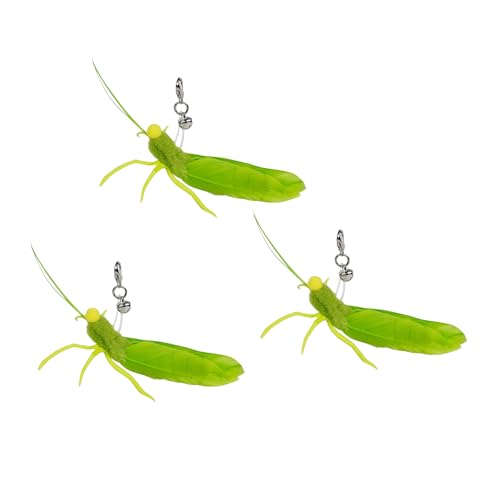 TTcat 3 Pack Grasshopper Cat Wand Refills Realistic Green Insect Natural Feather Detachable Replacement Toy with Bell Universal Lobster Clip-on Cat Teaser Attachments.