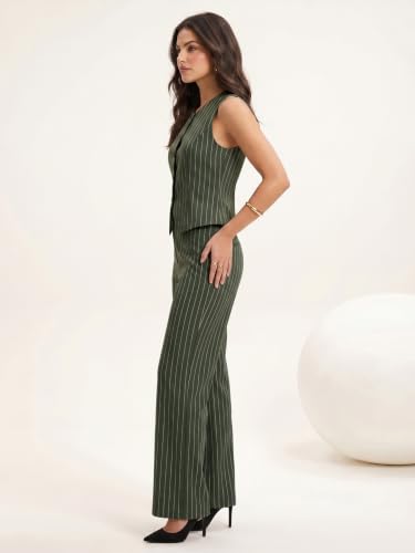 Image of Selvia Women's Striped Waistcoat Style Top with Trouser Co-Ord Set, Co ord Set for Women Stylish