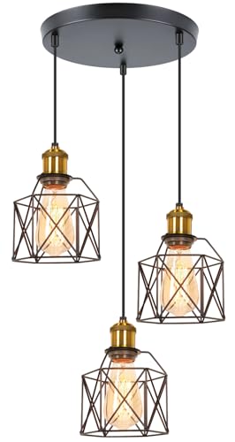 PETITES ECREVISSES Lampadario a Sospensione Vintage 3 Luci Industriale E27 Plafoniera Retro in Metallo gabbia Lampada da soffitto con legno per Cucina Salotto (Nero-B-con base rotonda)