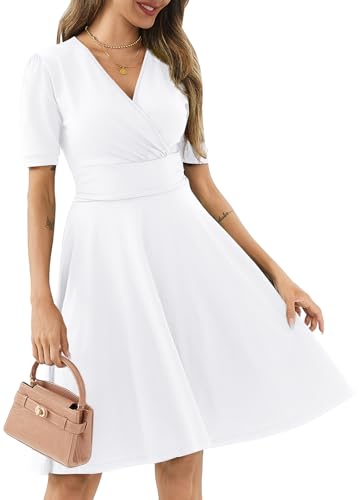 Image of Women's Summer Casual Dress Short Sleeve Wrap V-Neck A-Line Dress Sundress Wedding Guest Cocktail Midi Dresses