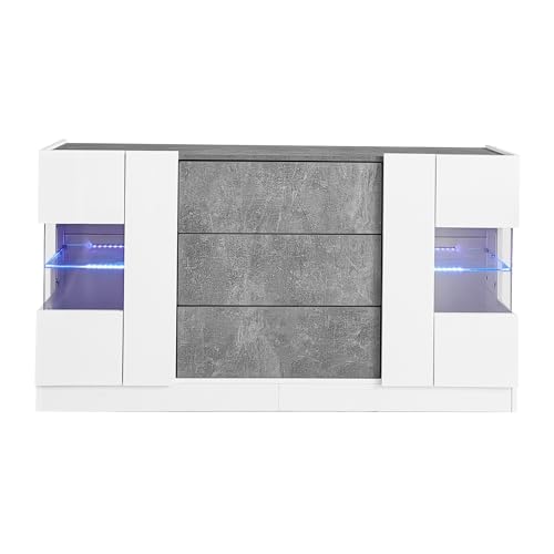 Elegante aparador con 2 puertas y 3 cajones – Frentes blancos brillantes y aspecto de mármol gris, iluminación LED de 16 colores, 140 x 35 x 75 cm