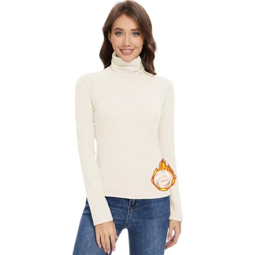 Sillictor Thermal Tops Womens Long Sleeve High Neck Ski Base Layer Women Fleece Tops Ladies Thermals Underlayer for Running Golf Hiking Cycling,Warm Quick Dry Sweat Wicking 117 Beige M