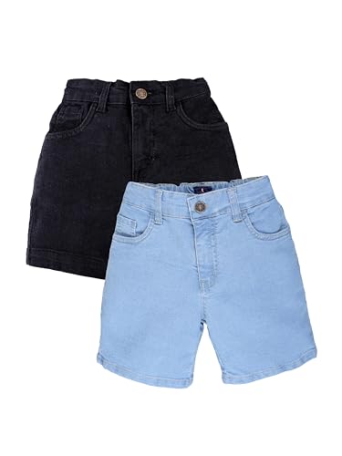 Image of KiddoPanti Boys Knee-Length Denim Shorts | Stretchable Cotton Poly Denim | Comfortable Fit with Button Elasticated Waistband & Zip Fly