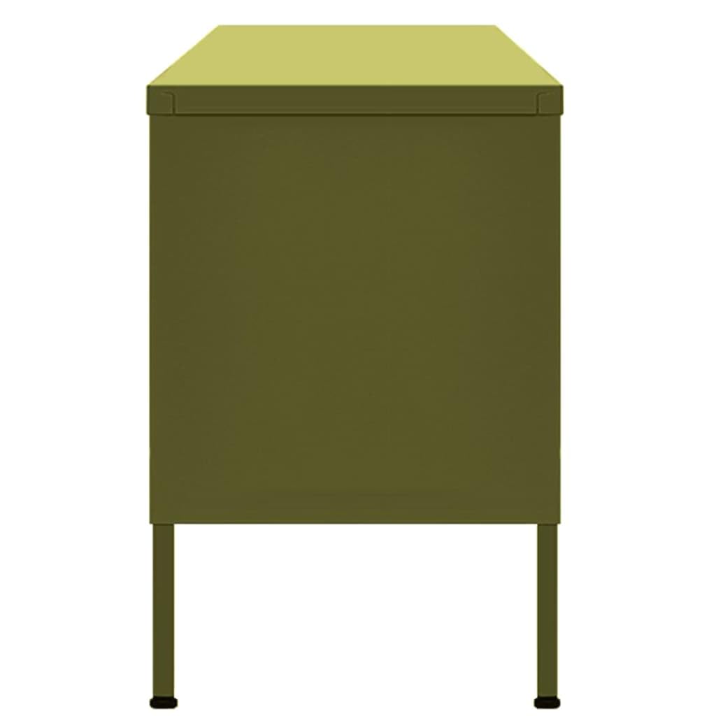 Szafka pod telewizor oliwkowozielona szafka TV z konstrukcją stalową i poziomownikami, 2 drzwi z kratki, regał i zarządzanie kablami. 105 x 35 x 50 cm, stal
