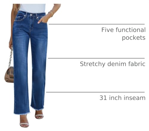 Image of GRAPENT Straight Leg Jeans for Women High Waisted Stretchy Frayed Raw Hem Loose Denim Pants Casual Baggy Jean Trousers