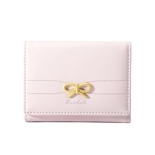 FEIBOON Cute Wallet Coquette Bow Small Wallet Tri-folded Aesthetic Bifold RFID Blocking Card Holder Leather Mini Short Coin Purse with ID Window for Women Girls Ladies -Pink
