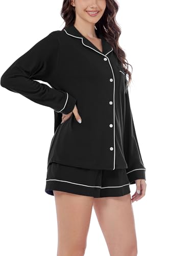 Image of LUBOT 100% Cotton Pajamas for Women PJ Set Soft Button-Down 2 Piece Set Knitted Long Sleeve Sleepwear Loungewear XS-XXL