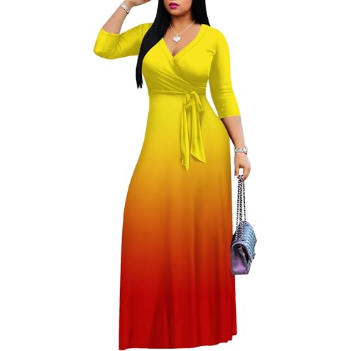 Image of PinkPatty Women's Plus Size Maxi Dresses Casual Flowy 3 /4 Sleeves Dress Printed Vacation Dress for Daily Wear with Belt