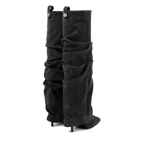 THESHY Womens Knee high Boots Suede Fold Over Square Toe Stiletto Heel Pull on Tall Boots Slouchy Fashion Dress Party Shoes for Women3
