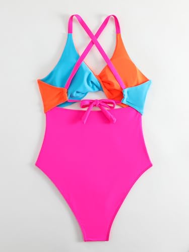 Leoparts Women's Color Block One Piece Swimsuit Sexy V Neck Twist Cutout Monokini High Cut Crisscross Back Bathing Suits4