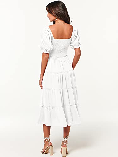 Anrabess Women's Casual Summer Midi Dress Puffy Short Sleeve Square Neck Smocked Tiered Boho 2023 Spring Dresses For Wedding Bridal Shower 877Mibai-L White #TOP2