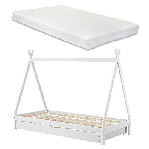 [en.casa] Lit d'enfant Tipi Gigogne Tiroir-Lit à Sommier à Lattes avec Matelas Mousse à Froid Bois de Pin 200 x 90 cm Blanc Mat Laqué