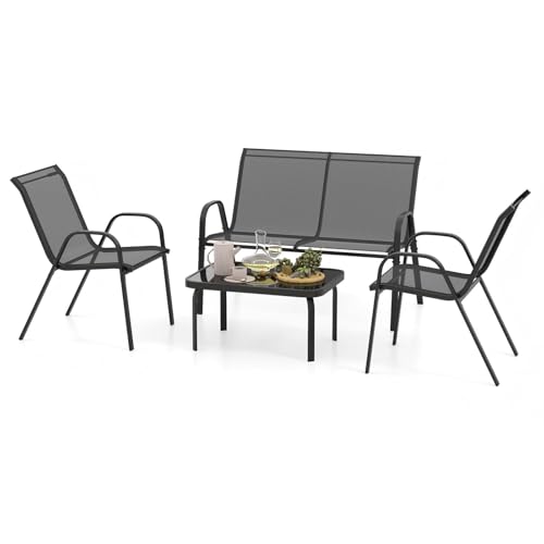 KOMFOTTEU Juego de Muebles de Jardín de 4 Piezas, Conjunto con Banco de 2 Plazas, Mesa de Centro y 2 Sillones, Set de Muebles de Textileno y Cristal Templado, para Balcón, Terreza, Patio (Gris)