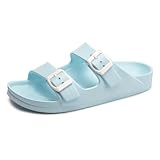 FUNKYMONKEY Women's Comfort Slides Double Buckle Adjustable EVA Flat Sandals (9 M US, Sky Blue)